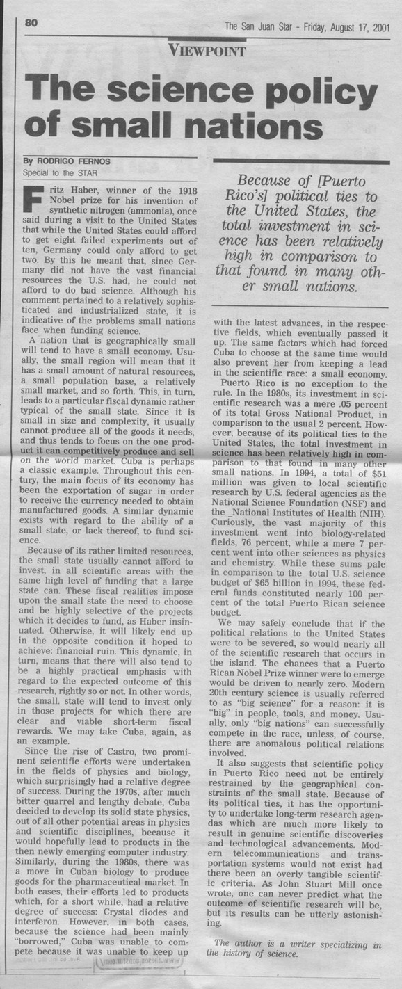 RFernos, The Science Policy of Small Nations 2001
