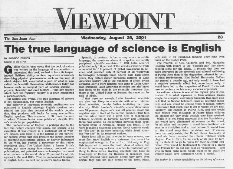 RFernos, True language of science is English 2001