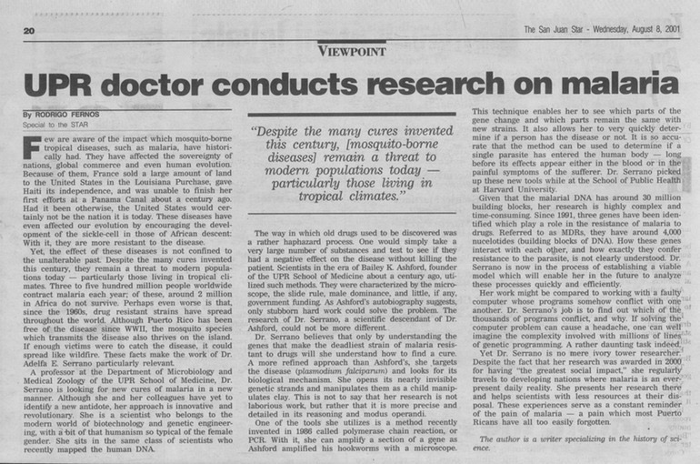 RFernos, UPR doctor conducts research on malaria 2001